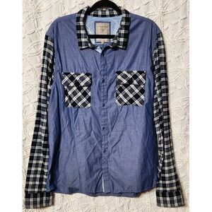 Guess Button‎ Up Mens XXL Flannel Chambray Patchwork Colorblock Western Country